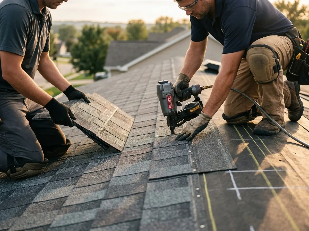 Professional roofer working on a residential roof in Cathedral City
